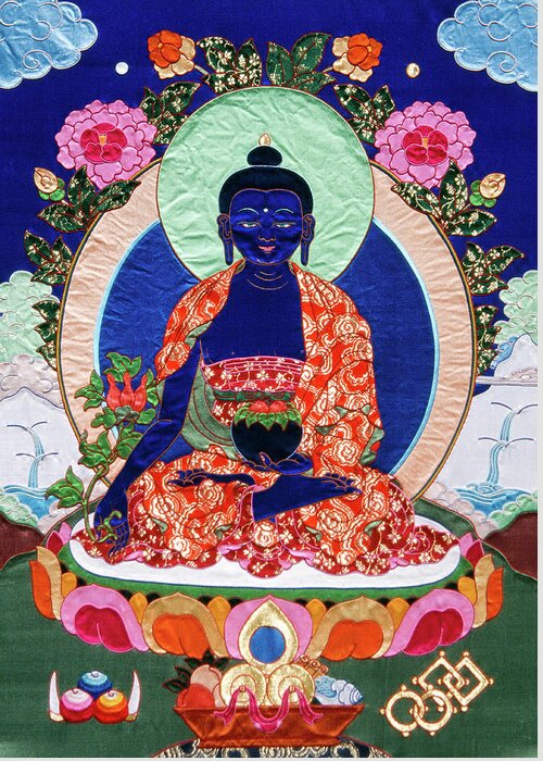 Thangka Greeting Card featuring the tapestry - textile Medicine Buddha by Leslie Rinchen-Wongmo