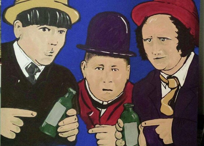 Three Stooges Greeting Card featuring the painting Medicine? by Nancy Lessard