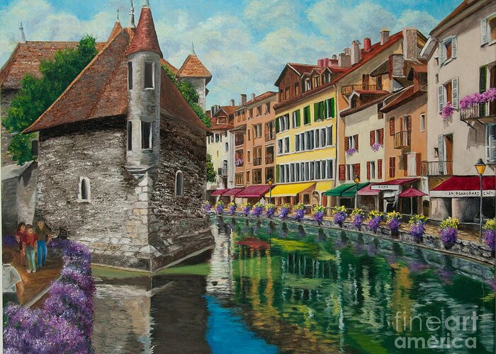 Annecy France Art Greeting Card featuring the painting Medieval Jail in Annecy by Charlotte Blanchard
