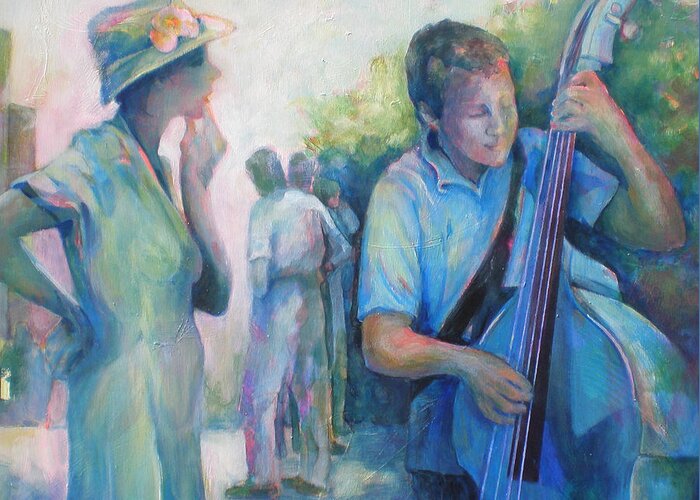 Music Greeting Card featuring the painting Memories - Woman Is Intrigued By Musician. by Susanne Clark
