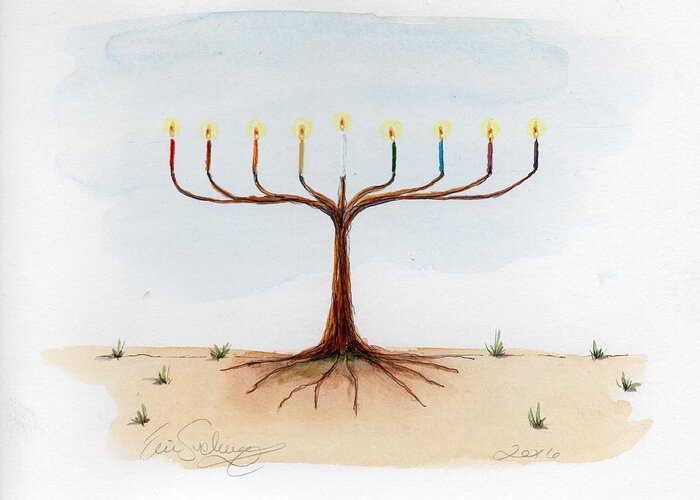 Jewish Greeting Card featuring the painting Menorah Tree by Eric Suchman