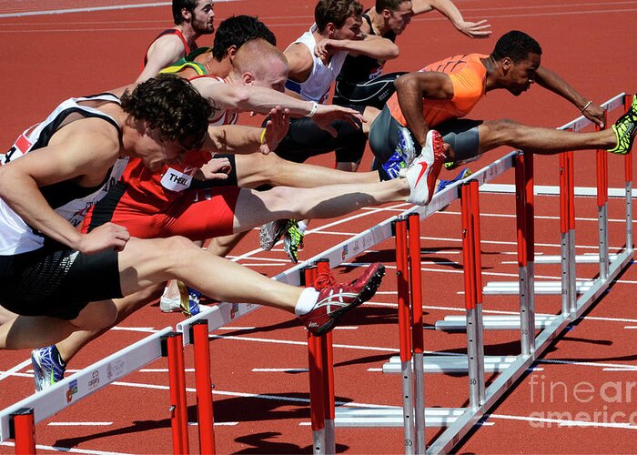 Canadian Track And Field National Championships 2011 Greeting Card featuring the photograph Mens Hurdles 2 by Bob Christopher