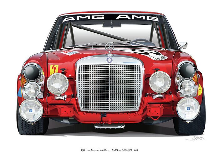 Mercedes-benz 300sel 6.3 Amg Illustration On White; Mercedes-benz 300sel 6.3 Amgimage On White; Spa Francorchamps 24 Hr; Amg Co-founder Erhard Melcher; Factory Drivers Hans Heyer And Clemens Schickentanz; Amg;  Greeting Card featuring the digital art Mercedes-Benz 300SEL 6.3 on white by Alain Jamar