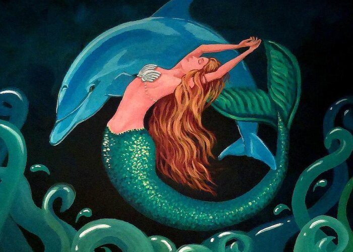 Mermaid Greeting Card featuring the painting Mermaid And Dolphin by Debbie Criswell