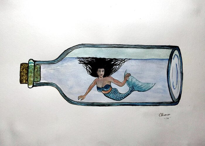 Mermaid Greeting Card featuring the painting Mermaid in a Bottle by Edwin Alverio
