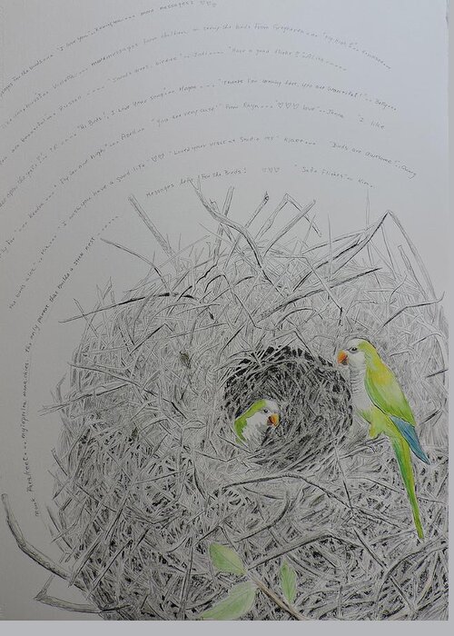 Birds Greeting Card featuring the drawing Message To The Birds by Mary Savage