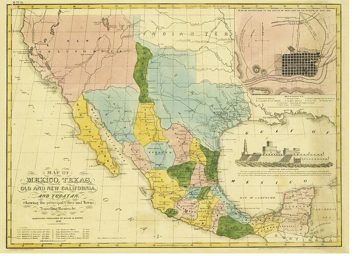 Map Greeting Card featuring the digital art Mexico, Texas, Old and New California 1847 by Texas Map Store