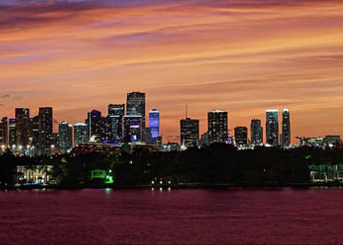 Miami Skyline Greeting Card featuring the photograph Miami Sunset Panorama by Gary Dean Mercer Clark