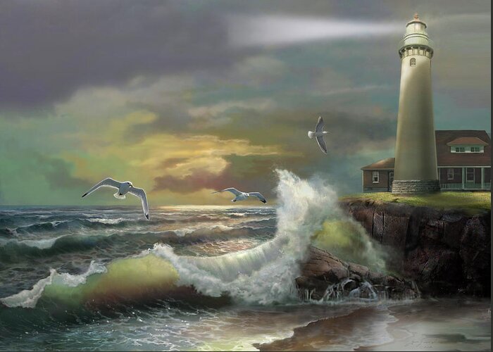 Michigan Seul Choix Point Lighthouse Art Print Greeting Card featuring the painting Michigan Seul Choix Point Lighthouse with an Angry Sea by Regina Femrite