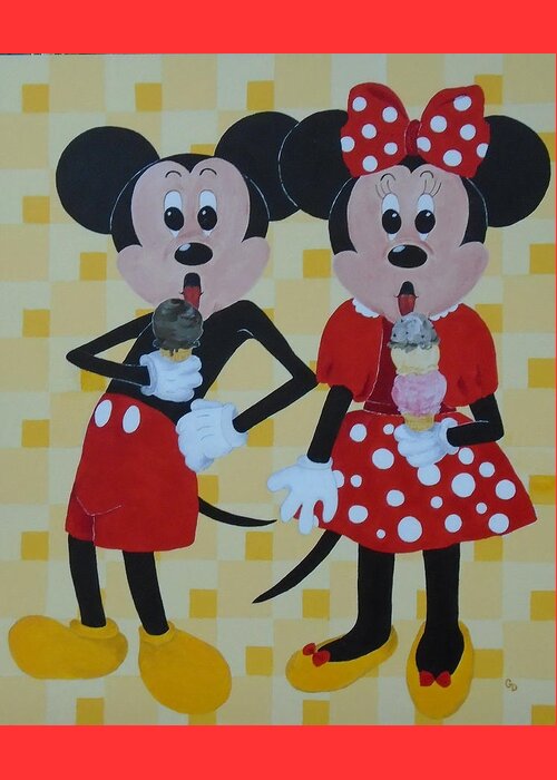 Pop Art Greeting Card featuring the painting Mickey and Minnie Love Ice Cream by Georgia Donovan