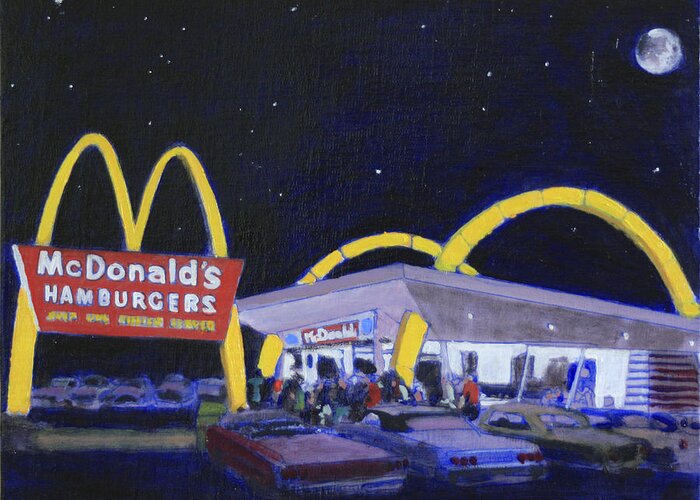 Mcdonalds Hamburger From The 70's Greeting Card featuring the painting Mickey Dee's by David Zimmerman