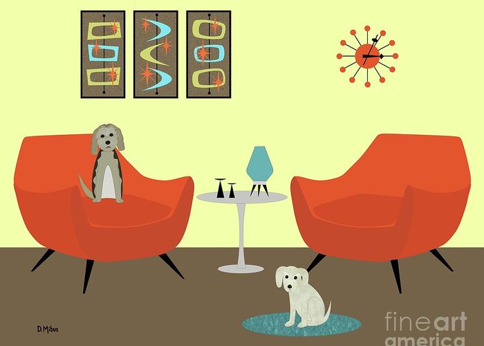 Mid Century Modern Dog Greeting Card featuring the digital art Mid Century Modern Dogs 1 by Donna Mibus