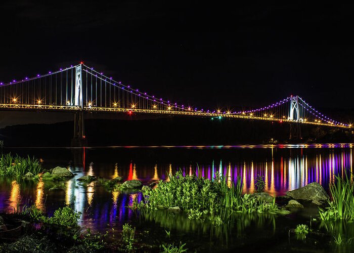 Hudson Valley Greeting Card featuring the photograph Mid - Hudson Bridge at Night by John Morzen