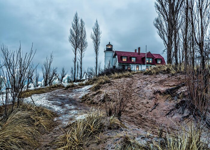 Point Betsie Lighthouse Greeting Card featuring the photograph Mid Winter thaw by Joe Holley