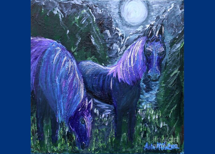 Horses Greeting Card featuring the painting Midnight Feed by Ania M Milo