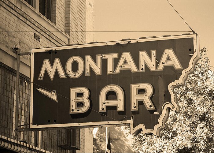 America Greeting Card featuring the photograph Miles City, Montana - Bar Neon Sepia by Frank Romeo