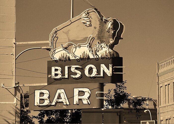 America Greeting Card featuring the photograph Miles City, Montana - Bison Bar Sepia by Frank Romeo