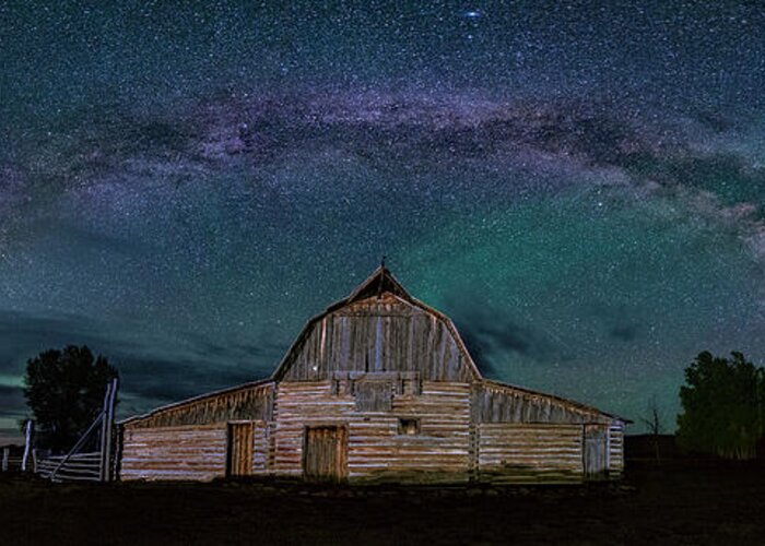 Moulton Barn Greeting Card featuring the photograph Milky Way Arch Over Moulton Barn by Michael Ash
