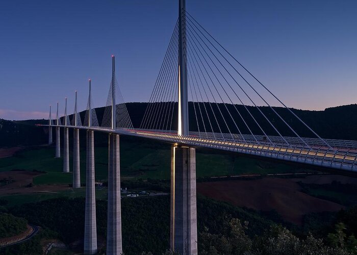 Millau Greeting Card featuring the photograph Millau viaduct at dusk by Stephen Taylor