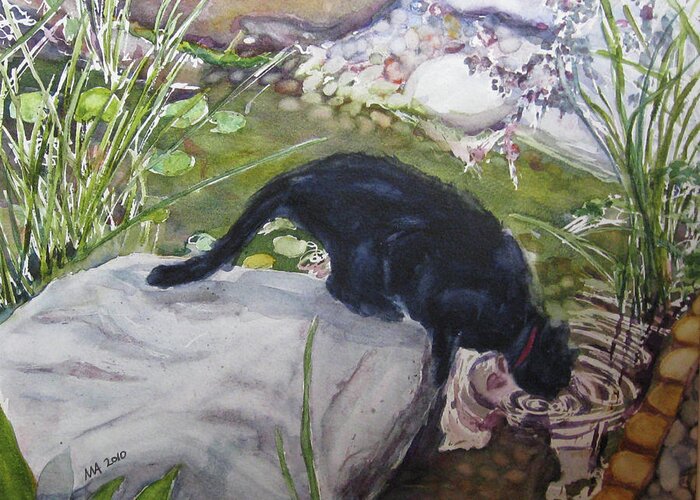 Water Greeting Card featuring the painting Milo at the Pond by Madeleine Arnett