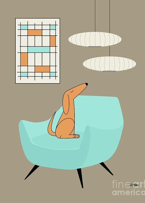Mid Century Modern Greeting Card featuring the photograph Mini Abstract Blue Chair Orange Dog by Donna Mibus