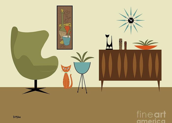 Mid Century Modern Greeting Card featuring the digital art Mini Gravel Art with Orange Cat by Donna Mibus