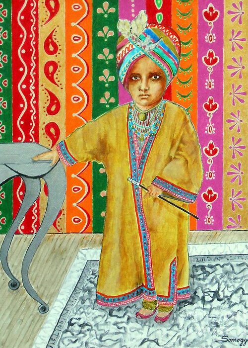Indian Prince Greeting Card featuring the painting Mini Maharajah --3-yr-old Indian monarch by Jayne Somogy