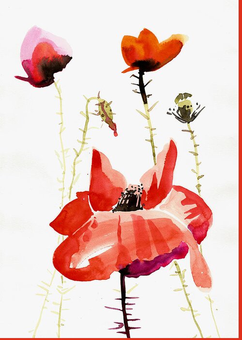 Poppy Greeting Card featuring the painting Minimalist Poppy Field Watercolor by Tiberiu Soos