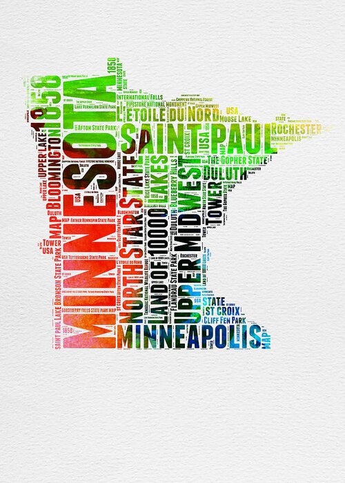 Minnesota Greeting Card featuring the digital art Minnesota Watercolor Word Cloud Map by Naxart Studio