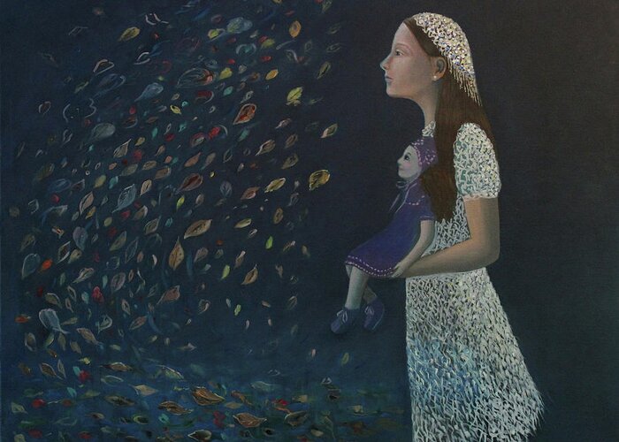 Autumn Greeting Card featuring the painting Miss Frost Watching the Autumn Dance by Tone Aanderaa