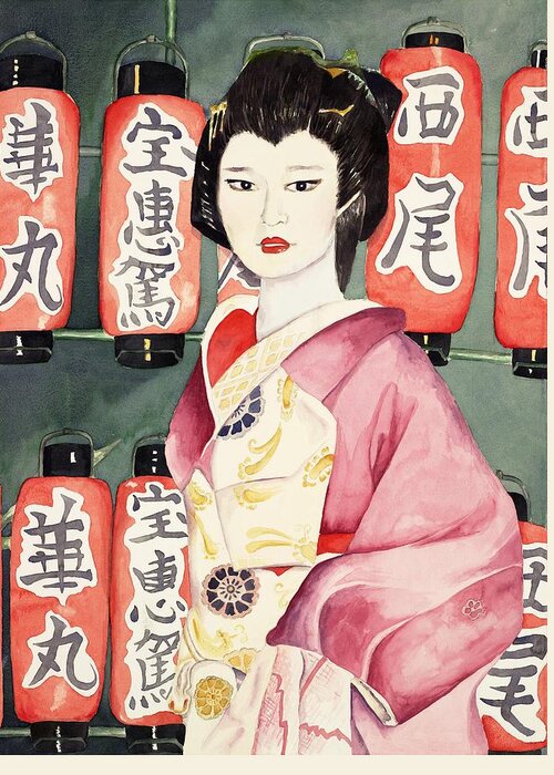 Geisha In Kimono With Red Lanterns Greeting Card featuring the painting Miss Hanamaru at Osaka Festival by Judy Swerlick
