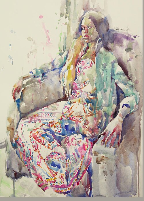 Watercolor Greeting Card featuring the painting Miss Vine by Becky Kim