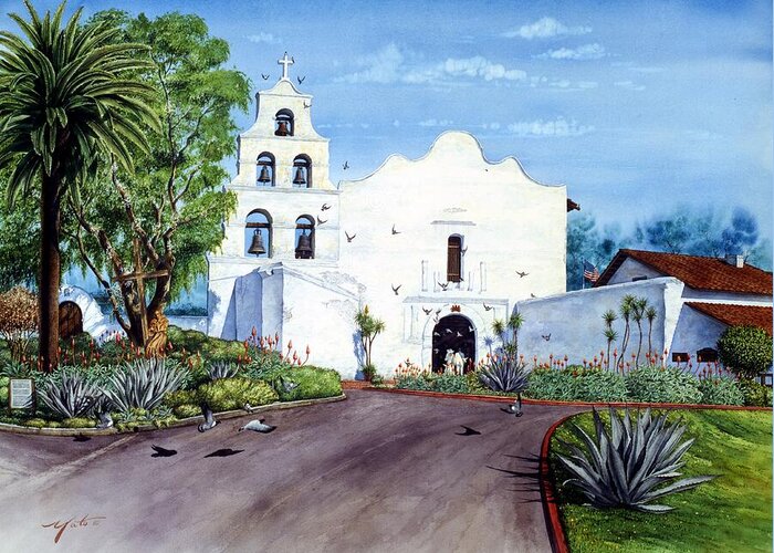 San Diego Greeting Card featuring the painting San Diego, Mission San Diego De Alacal by John YATO
