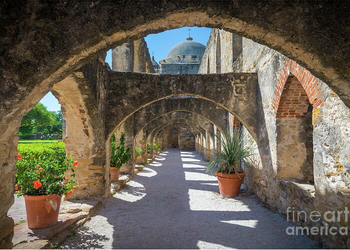 America Greeting Card featuring the photograph Mission San Jose Arched Walkway by Inge Johnsson