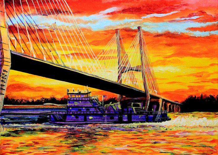 Bridge Greeting Card featuring the painting Mississippi River Bridge Greenville MS by Karl Wagner