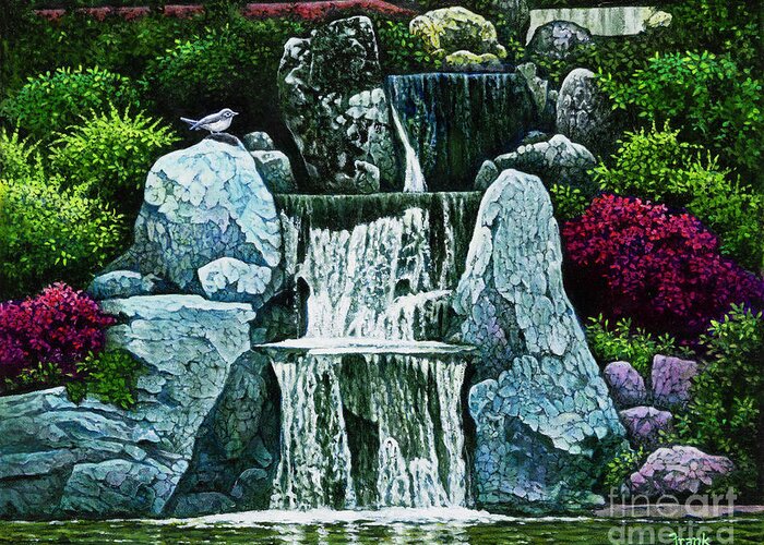 Missouri Botanical Gardens Greeting Card featuring the painting Missouri Botanical Gardens Waterfall by Michael Frank