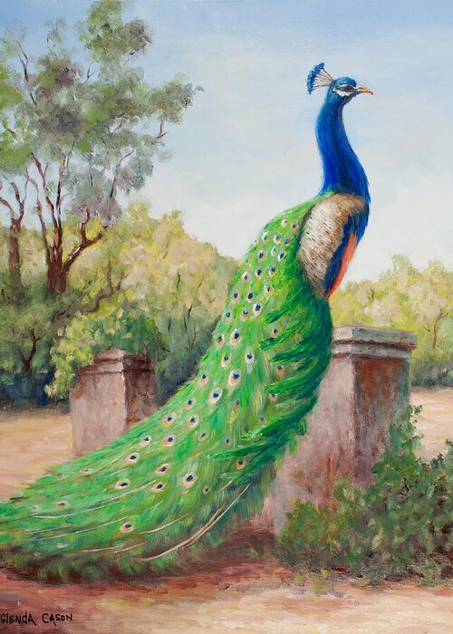 Birds Greeting Card featuring the painting Mister Peacock by Glenda Cason