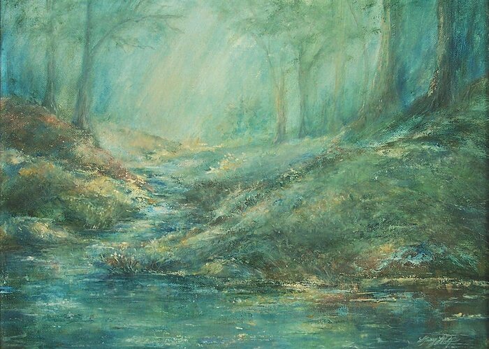 Nature Art Greeting Card featuring the painting The Misty Forest Stream by Mary Wolf