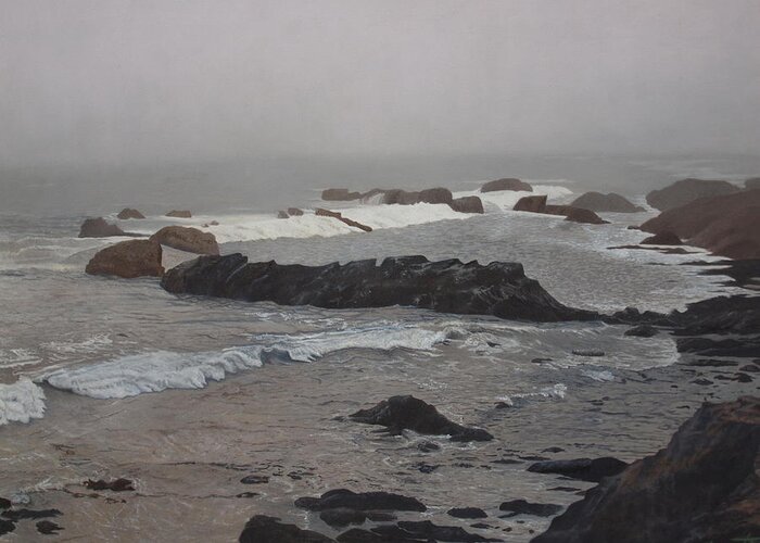 California Greeting Card featuring the painting Misty morning at Ragged Point, California by Barbara Barber