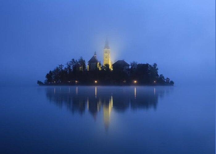 Slovenia Greeting Card featuring the photograph Misty morning Lake Bled Slovenia by Tom and Pat Cory