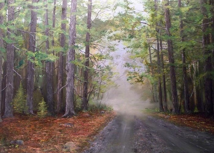 Summ Greeting Card featuring the painting Misty Morning Road by Ken Ahlering