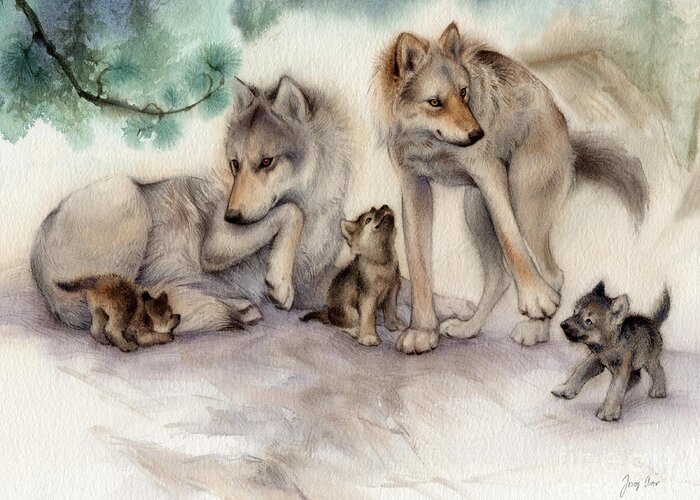Wolf Greeting Card featuring the painting Misty Pines Wolf Family by Tracy Herrmann