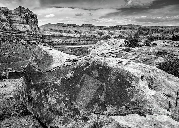 Moab Greeting Card featuring the photograph Moab Maiden Petroglyph - Black and White - Utah by Gary Whitton