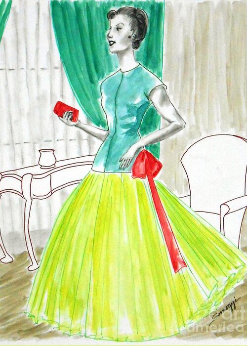 Model Greeting Card featuring the painting Model-Year 1955 -- Illustration of 1950's Fashion by Jayne Somogy