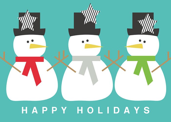 Snowman Greeting Card featuring the digital art Modern Snowmen Happy Holidays- Art by Linda Woods by Linda Woods