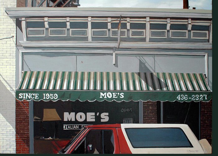 Urban Landscape Greeting Card featuring the painting Moe's by Craig Morris