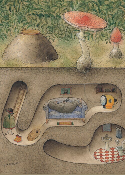 Underground Mole Cellar Tv Agaric Home Relaxation Greeting Card featuring the painting Mole by Kestutis Kasparavicius