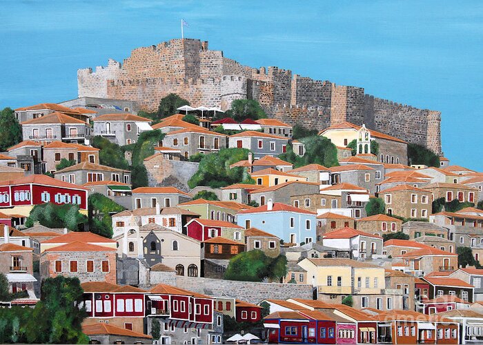 Molyvos Greeting Card featuring the painting Molyvos Lesvos Greece by Eric Kempson