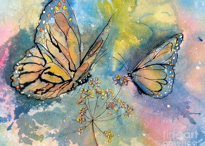 Monarch Butterflies Greeting Card featuring the painting Monarch Butterflies by Midge Pippel