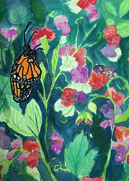 Monarch Butterfly Greeting Card featuring the painting Monarch Butterfly Amid Sweetpeas by Ellen Levinson